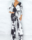 Black and White Inkjet Sputtering Element Print Trousers Loose Jumpsuit S-2XL