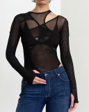 Women See Through Mesh Fall Long Sleeve Sexy Bodysuit Solid Color Black White S-L