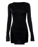 Autumn New Style Solid Color Pullover Round Neck Long Sleeve Sexy Short Dress with Slits S-L