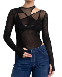 Women See Through Mesh Fall Long Sleeve Sexy Bodysuit Solid Color Black White S-L