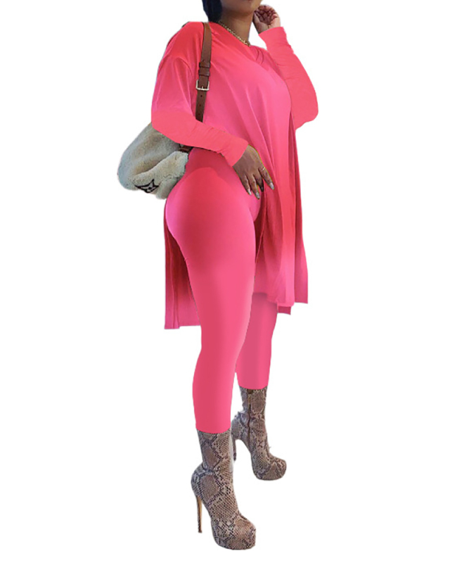 Woman Summer Long-Sleeved Solid Color Mid-Length Slit Long-Sleeved Top and Trousers Set Multi Color XS-5XL