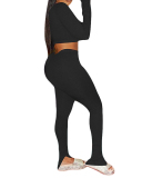 Sexy Tight Women Solid Color Long Sleeve V-neck Crop Tops Slim Pants Sets Two Piece Outfit Purple Black Red S-2XL