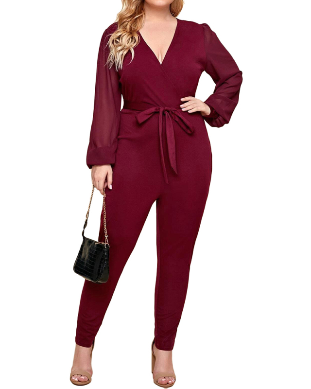 Hot Sale Women Plus Size Solid Color V-Neck Long Sleeve Jumpsuit Wine Red L-4XL