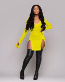 Long Sleeve V-neck Short Solid Color Sexy Dress S-XXL