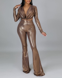 Long-sleeved Leather Deep V-neck Sexy Faux Leather Trousers Two-piece Suit Solid Khaki S-5XL