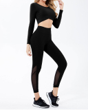 Ladies Fashion New Design Top Long Sleeve High Waist Mesh Splicing Two-Piece Set Solid Color S-XL