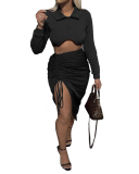 Fashion Women Solid Color Turn-down Collar Crop Tops Drawstring Skirt Two Pieces Outfit Black Rose Red Coffee S-2XL