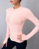 Ladies Fashion Round Neck Workout Long-Sleeved Pockets Zipper Tght-Fitting Slimming Sports Fitness Yoga Top S-XL