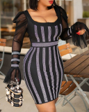 Elegant Women Square Collar Long Mesh Sleeve Striped Bodycon Mini Plus Size Dresses S-5XL