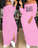 Women Printed Long Sleeve Off Shoulder Slit Maxi Casual Dresses S-3XL
