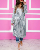 Ladies Fashion New Casual Silver Sequined Long Coat (including belt) S-XXL