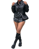 Women Cool Long Sleeve Turn-down Collar Black PU Jacket Coats S-XL