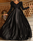Womens Newest Formal Long Sleeve Sequin V Neck Big Hem Floor-length Evening Dress Khaki Green Black Silver Beige Apricot M-4XL