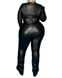 Plus-Size Hot Style Bright Leather Solid Color Long-Sleeved Fashion Cool Two-Piece Suit XL-4XL