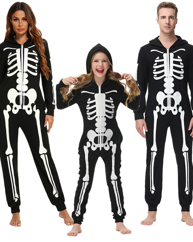 Skeleton Scary Family Halloween Costume Adults Kids Horror Skull Jumpsuit Hooded Fancy Women Men Family Pajama Carnival Party