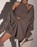 Pullover New High-Neck Vest  V-Neck Long-Sleeved Loose Two-Piece Suit S-L