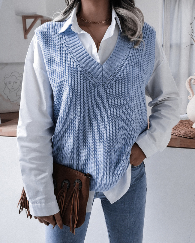 Women Solid Color Fall & Winter Casual V-Neck Knitting Sweater Sleeve Vest Blue White Apricot S-L