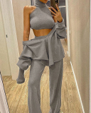 Pullover New High-Neck Vest  V-Neck Long-Sleeved Loose Two-Piece Suit S-L