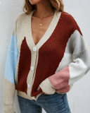 Lady Fashion Colorblock V-Neck Tops Sweater Pink Black Apricot S-XL