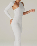 Women Backless Solid Color One Sleeve Slim Jumpsuits White Black S-2XL