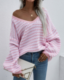 New Women Over Size V-Neck Striped Fall Pullover Sweater Khaki Pink Gray Black Blue Green Apricot S-XL