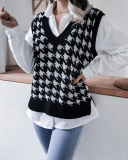 Hot Sale Casual Loose Women V-neck Houndstooth Sleeveless Sweater Vest Khaki Red Black Apricot Blue S-L