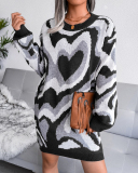 Women Crewneck Long Sleeve Heart Printed Mini Sweater Dresses Brown Khaki Black S-L