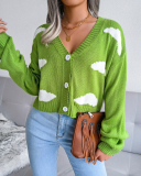 Women Fall&Winter Long Sleeve Clouds Printed Knitting Cardigans Pink Green Blue S-L
