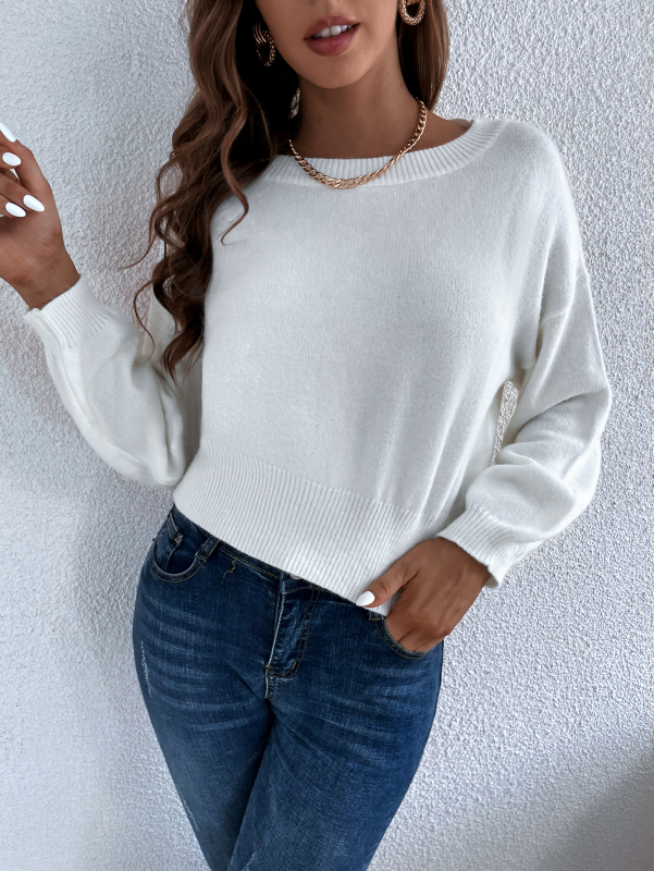 Women Fall & Winter Off Shoulder Long Sleeve White Crop Sweater