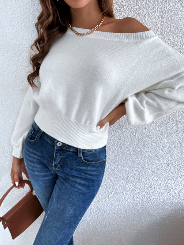 Women Fall & Winter Off Shoulder Long Sleeve White Crop Sweater