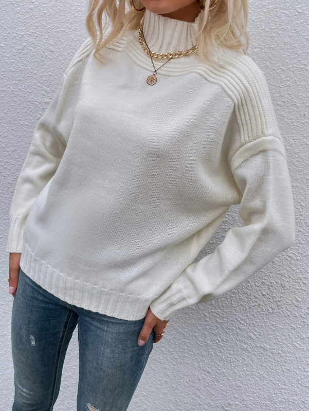 Women Basic Mock Neck Long Sleeve White Sweater