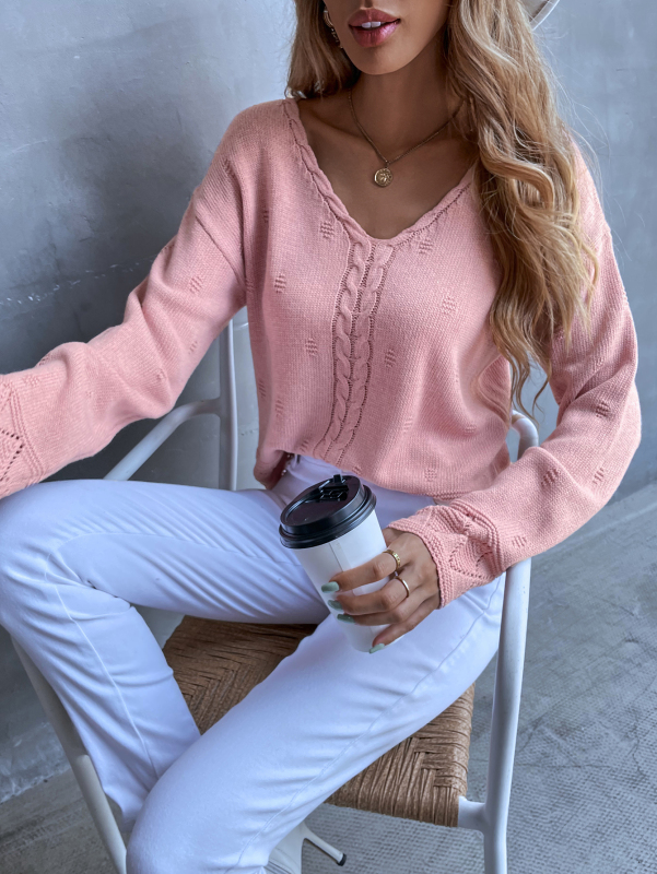 Women Casual V-neck Long Sleeve Solid Color Pink Sweater Tops