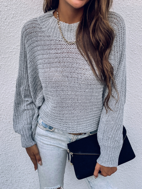 Women Solid Color Long Puff Sleeve Grey Knitting Pullover Sweater