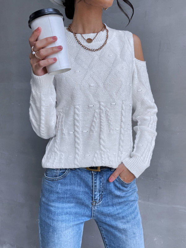 Solid Color Crew Neck Long Sleeve Hollow Out Shoulder Women White Sweater