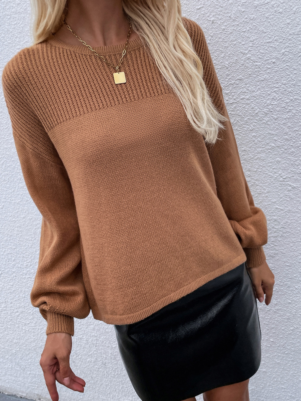 New Women Solid Color O-neck Long Sleeve Brown Sweater