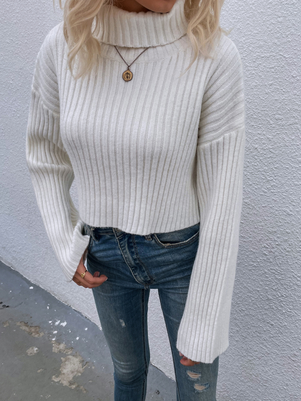 Fall & Winter Women Solid Color Twist High Neck Long Sleeve White Sweater
