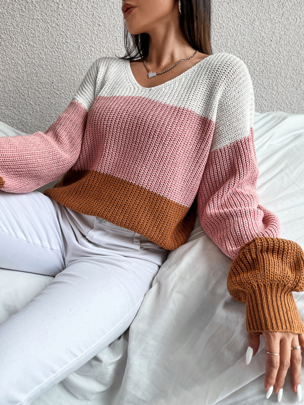 Women Colorblock Loose V Neck Long Puff Sleeve Pink White Brown Pullover Sweater