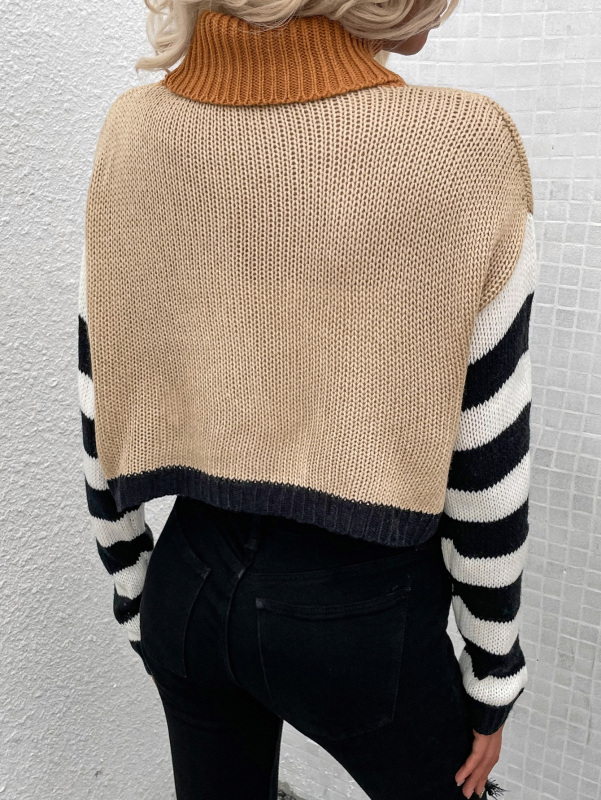 Ladies Fashion Colorblock High Neck Long Striped Sleeve Crop Sweater