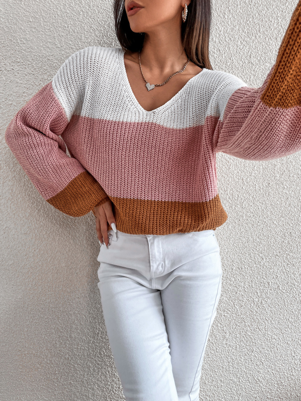 Women Colorblock Loose V Neck Long Puff Sleeve Pink White Brown Pullover Sweater