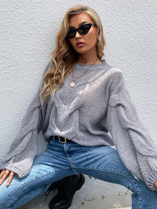 Top Sale Women Solid Color Twist Long Sleeve Grey Pullover Sweater