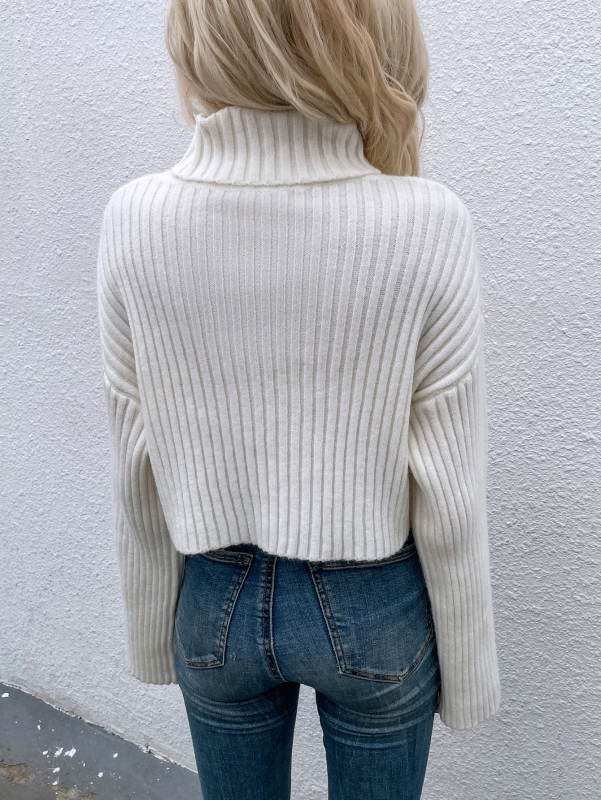 Fall & Winter Women Solid Color Twist High Neck Long Sleeve White Sweater
