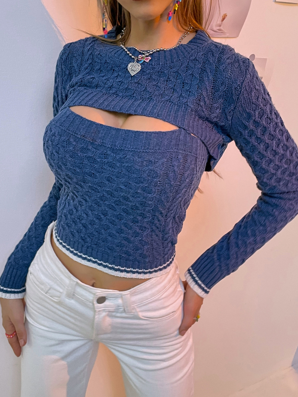 Women Sexy Hollow Out Crewneck Long Sleeve Blue Slim Crop Sweater Tops