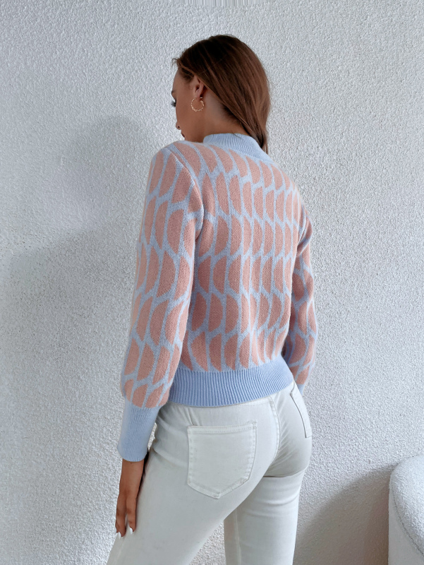 Women Trendy Printing Mock Neck Long Sleeve Blue Pink Sweater