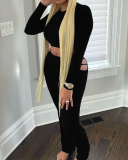 Women Long Sleeve Solid Color Sports Wear Crop Tops Hollow Out Waist Sexy Pants Sets Two Pieces Outfit Black Red Green S-2XL