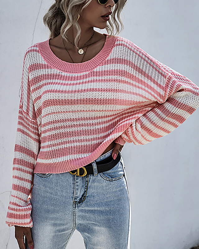 Round Neck Long-Sleeved Bottoming Sweater Short Striped Sweater S-L