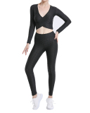 Jacquard Bubble Sexy Cross Long Sleeve Top High Waist Fitness Pants Yoga Suit Set Solid Color S-XXL