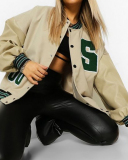 Baseball Bomber Jacket Women Hip Hop Letter Patchwork PU Leather Streetwear Autumn College Oversized Coats Varsity Jackets