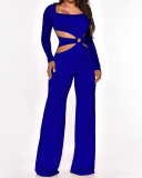 Women Long Sleeve Square Collar Hollow Out Wide Leg Solid Color Jumpsuits Black Blue Orange Apricot Purple S-2XL