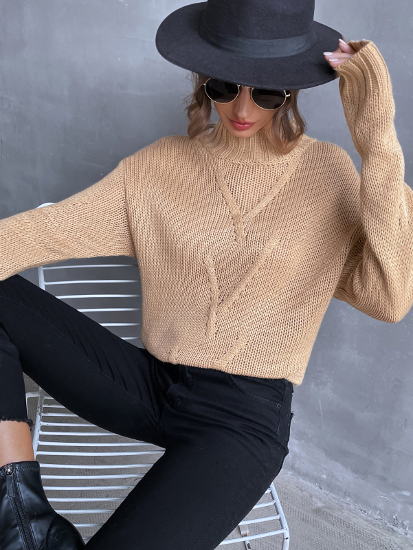 Women Basic Solid Color O-neck Long Sleeve Khaki Pullover Sweater
