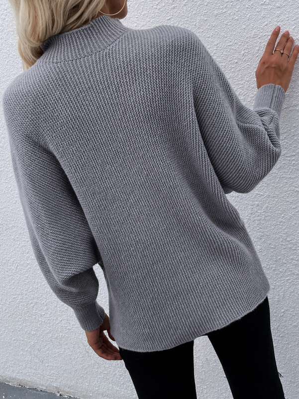 Lady Solid Color Fashion Crewneck Long Sleeve Gray Sweater